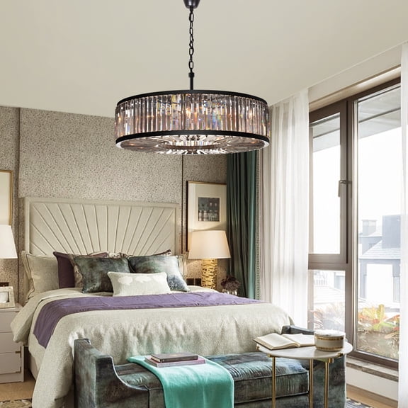 6-Light Black Crystal Chandelier - Wrought Iron Round Ceiling Fixture with 26.8" Chain & 4.3" Ceiling Canopy, E14 Sockets*6