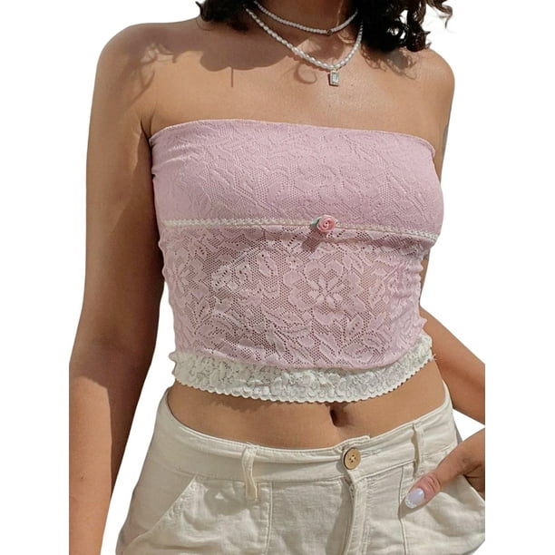 Fortune Tube Tops for Women Bandeau Top Strapless Sheer Lace Tank