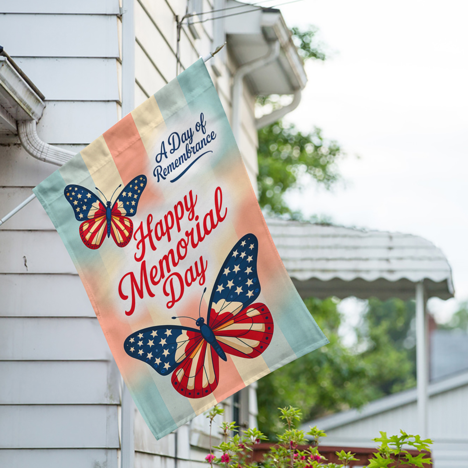 America Forever Happy Memorial Day Butterfly House Flag, 28 x 40 inch Double Sided, Watercolor Patriotic Banner, Remembrance Military Tribute Outdoor Yard Decorations