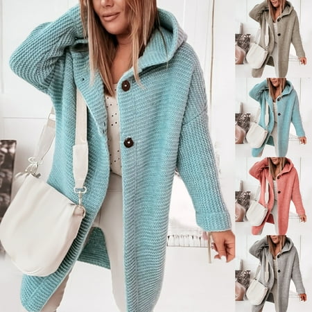 

Yinreli Solid Color Long Sleeve Women Cardigan Autumn Winter Two Buttons Hooded Sweater Coat Outerwear