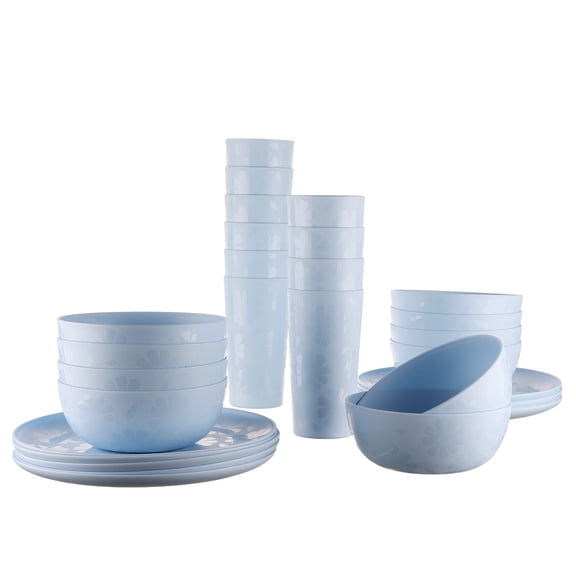 Mainstays 30-Piece Plastic Etched Daisy Pattern Dinnerware Bundle Set, Blue