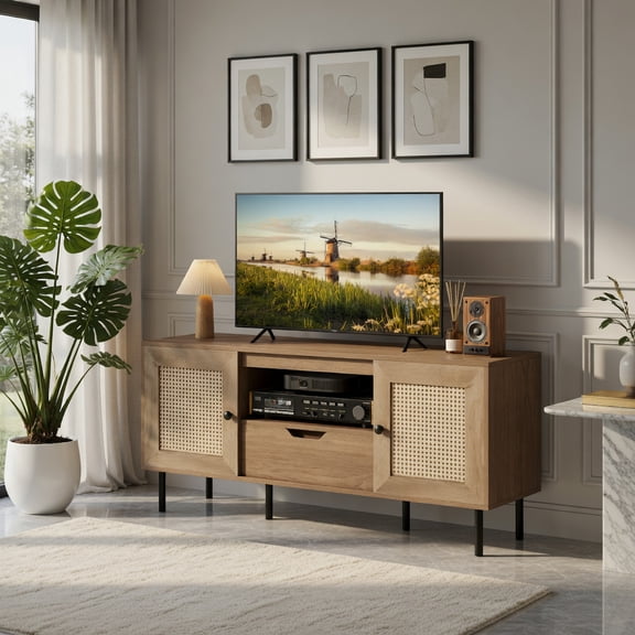 Demi Bonn Boho TV Stand, 60" TV Compatible, PE Rattan, Storage Cabinets & Drawer, Natural (Brown)