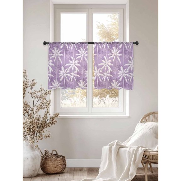 Purple Palm Trees Sheer Curtains 45 inches Long 2 Panels Set Summer Coastal Tropical Rustic Beach Tree Leaves Tiers Sheers Rod Pocket Small Window Short Curtains for Kitchen Cafe, Each 52" W x 45" L