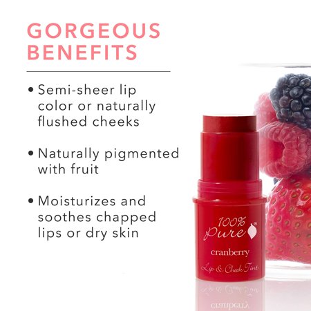 100% PURE Lip & Cheek Tint (Fruit Pigmented), Cranberry Glow, Long Lasting Lip and Blush Stick, Natural Makeup, Lip Tint, Cream Blush (True Cranberry Red Color) - 0.26 Oz