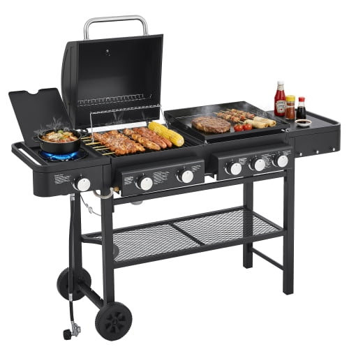 5-Burner BBQ Propane Gas Grill 3-in-1 Grill Combo,Stainless Steel with Side Tables ,Grilling & Griddling,56,000 BTU Propane Grill with hooks,racks,shelves,for Backyard & Outdoor