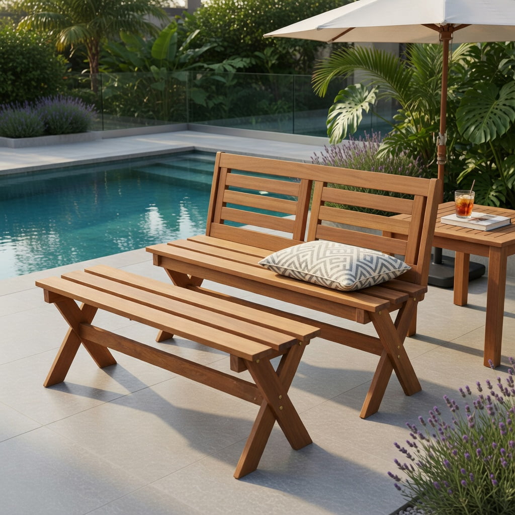 Hommoo 36" Solid Hardwood Outdoor Patio Bench, Backless Teak Oil Finished Dining Bench for Garden, Porch & Entryway, Natural