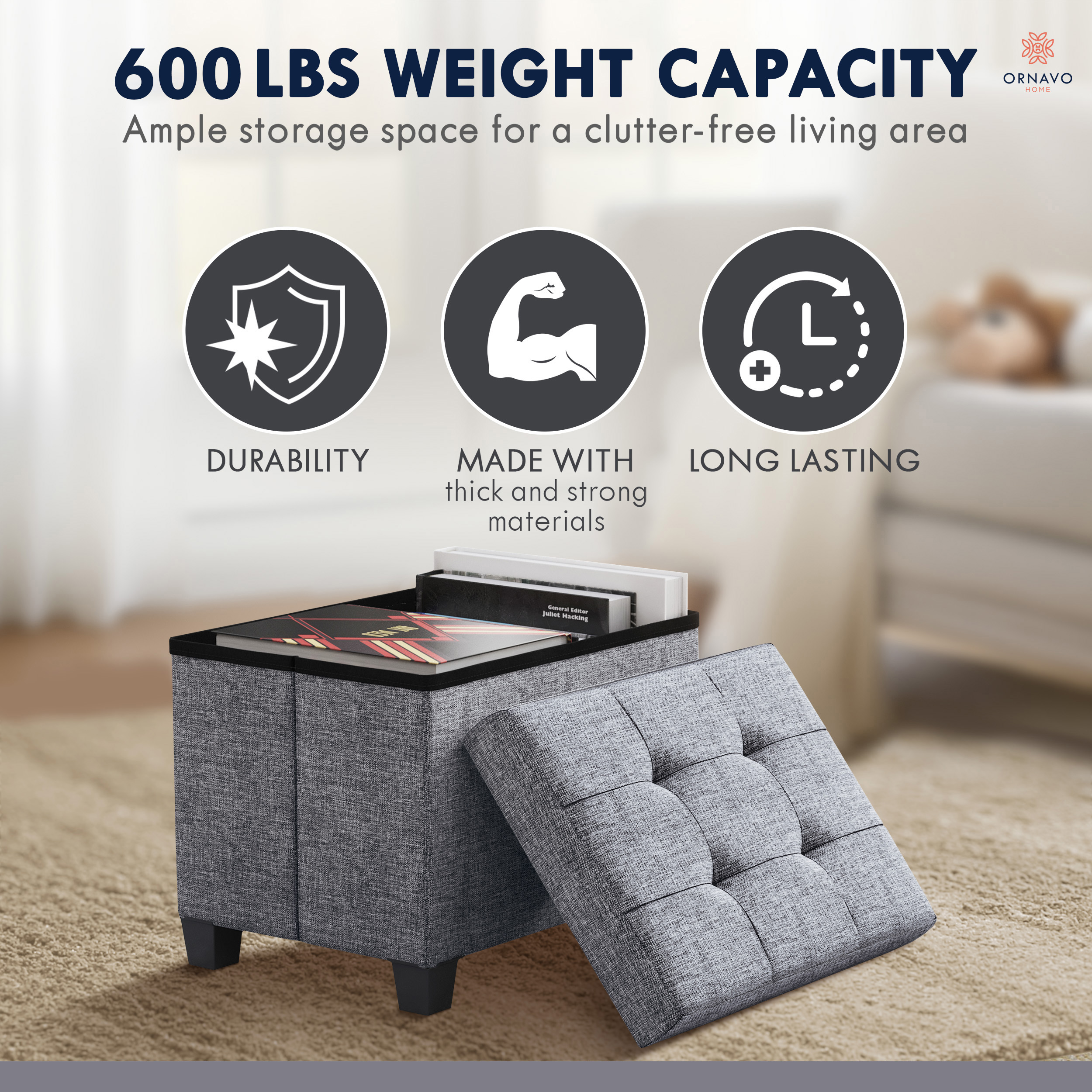 Ornavo Home Small Storage Ottoman with Legs, Gray Linen photo 6