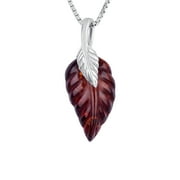 Genuine Baltic Amber Leaf Pendant Necklace in Sterling Silver, 18"