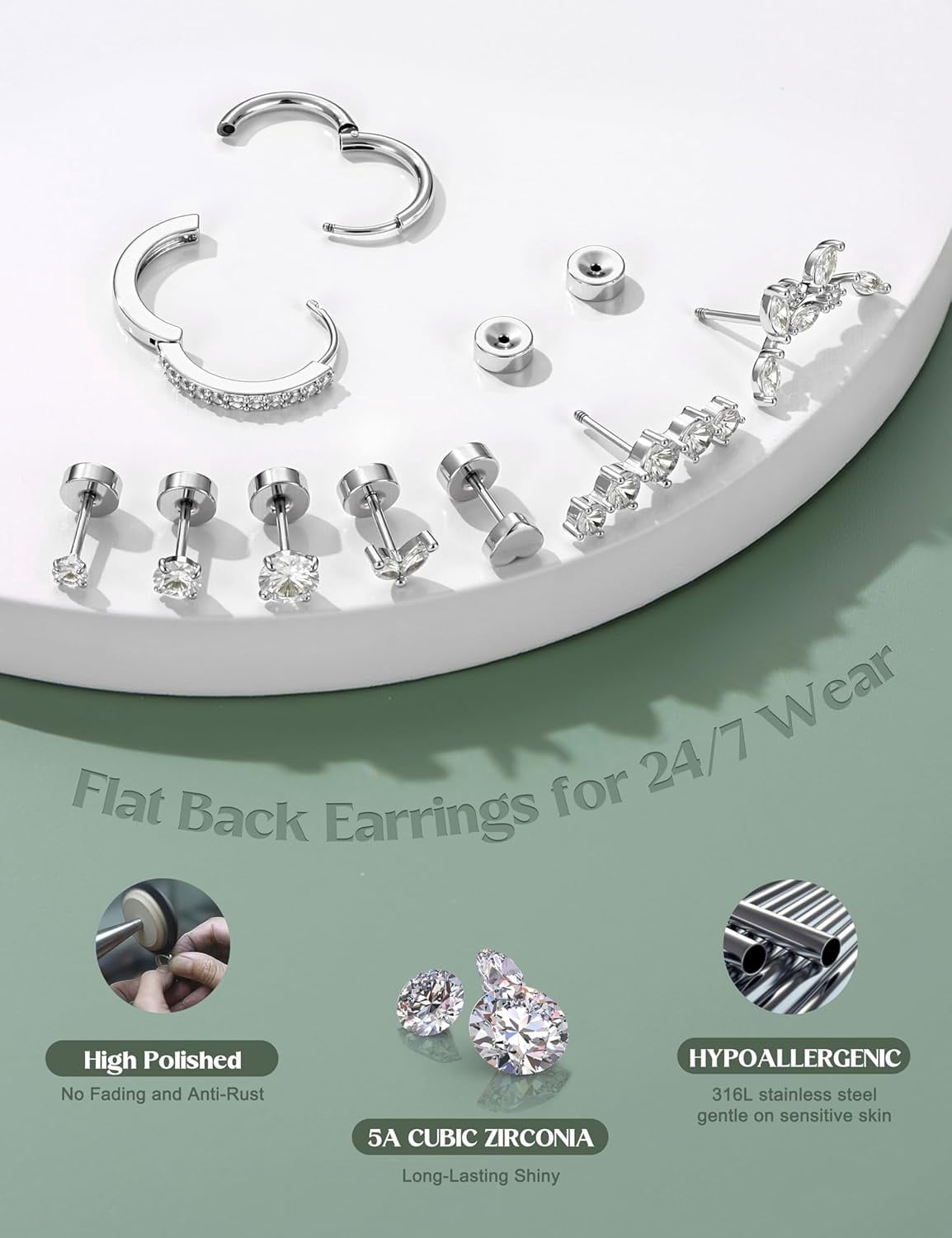 Hypoallergenic Flat Back Earrings-Cartilage Earring Stacks-Surgical Steel Earrings for Sensitive Ears - Small Stainless Steel Flatback Stud Hoop Earring Sets for Helix Tragus Conch Daith Multiple Pie