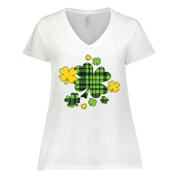 Inktastic St. Patrick's Day Plaid Green and Yellow Shamrocks Women's Plus Size V-Neck T-Shirt