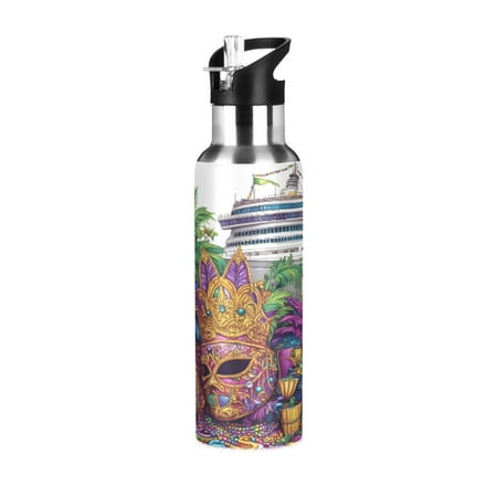 

ALAZA Mardi Gras Ship Water Bottle Insulated Flask Stainless Steel Straw Lid 20 oz