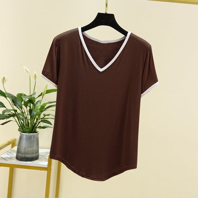 T-shirt Femme Col en V Couleur Unie Manches Courtes Ample