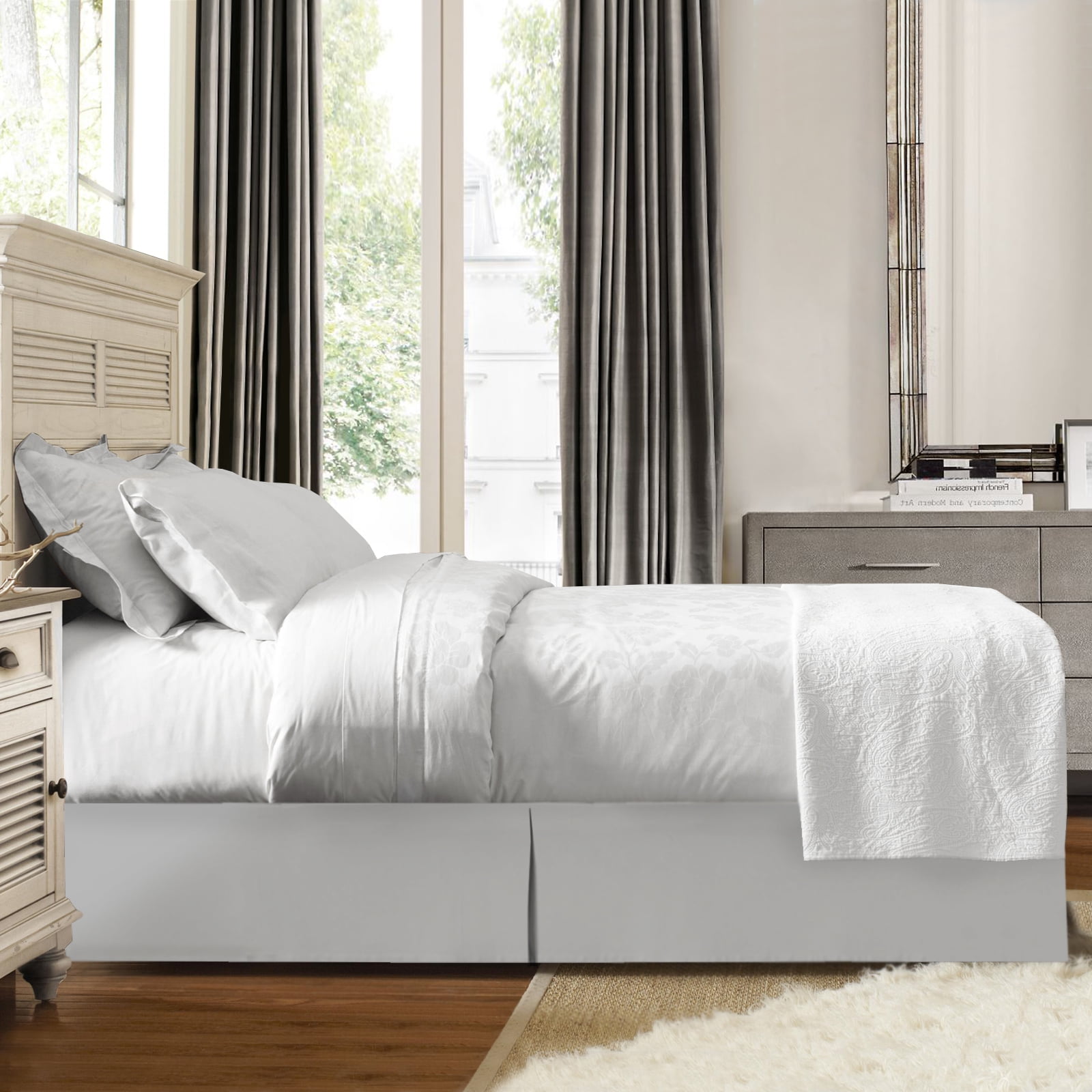 14" Tailored Pleated Bed Skirt Dust Ruffle, Twin XL, Silver, by Clara Clark