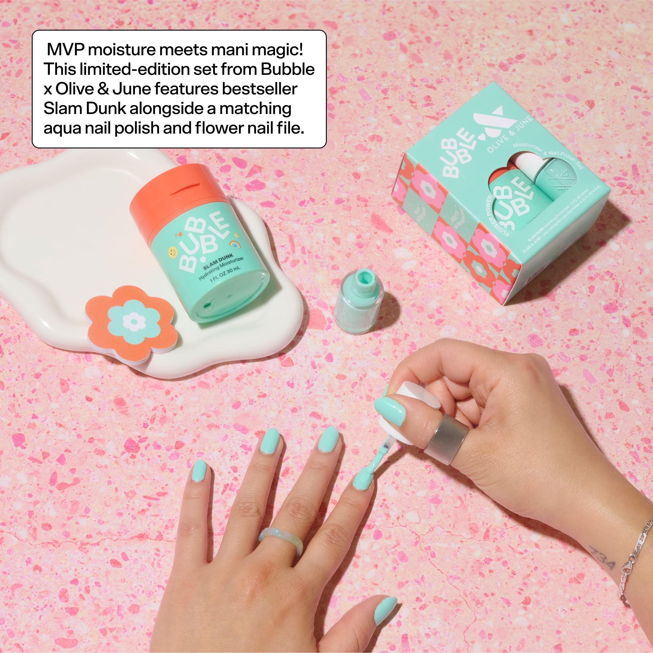 Bubble Skincare Flower Power Slam Dunk Moisturizer & Nail Polish 3-Piece Set, Includes Olive & June Long Lasting Nail Polish & Flower Nail File