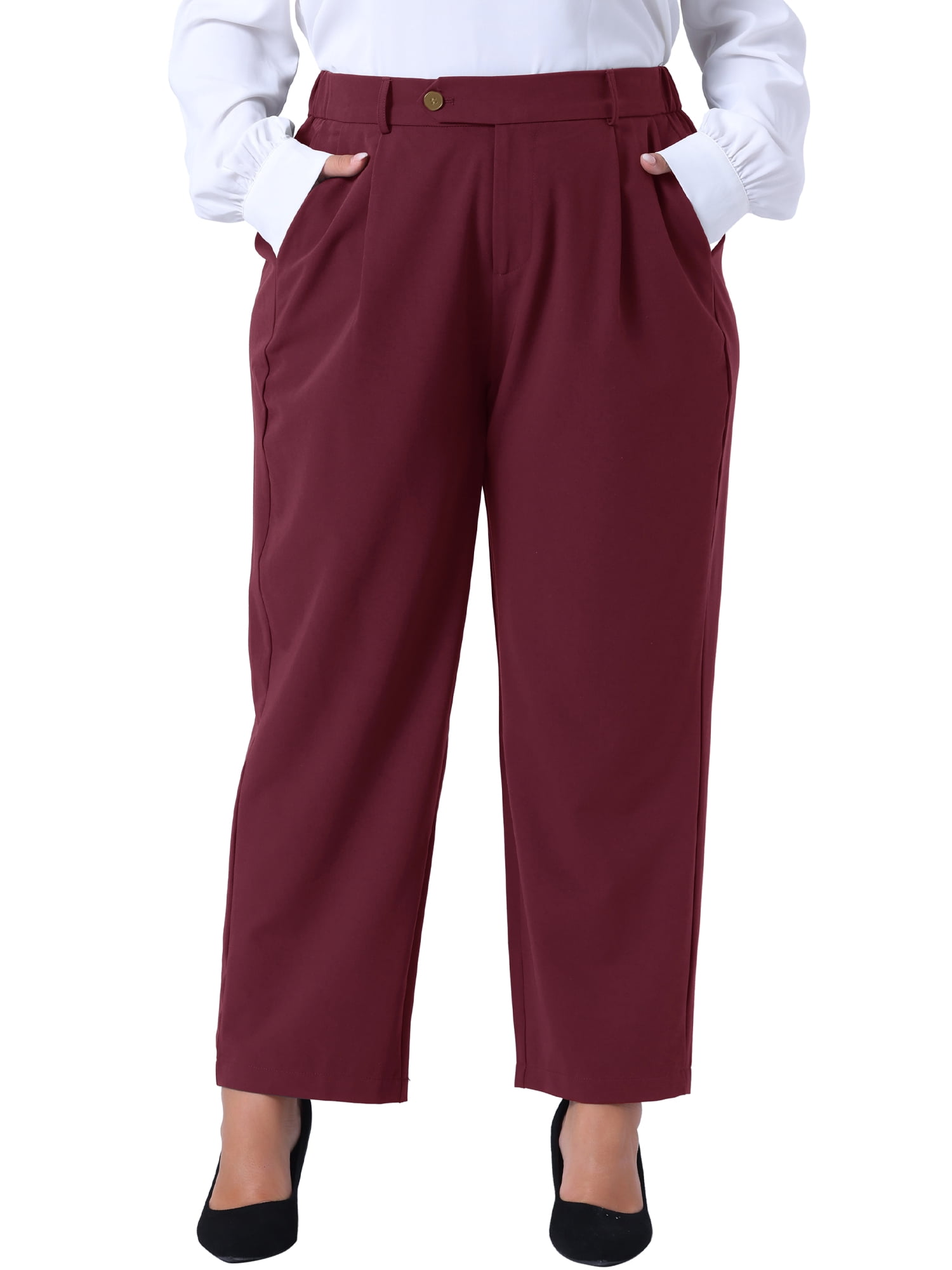 DARING DIVA Women's Plus Summer Elastic High Waisted Long Straight Pants 4X Burgundy