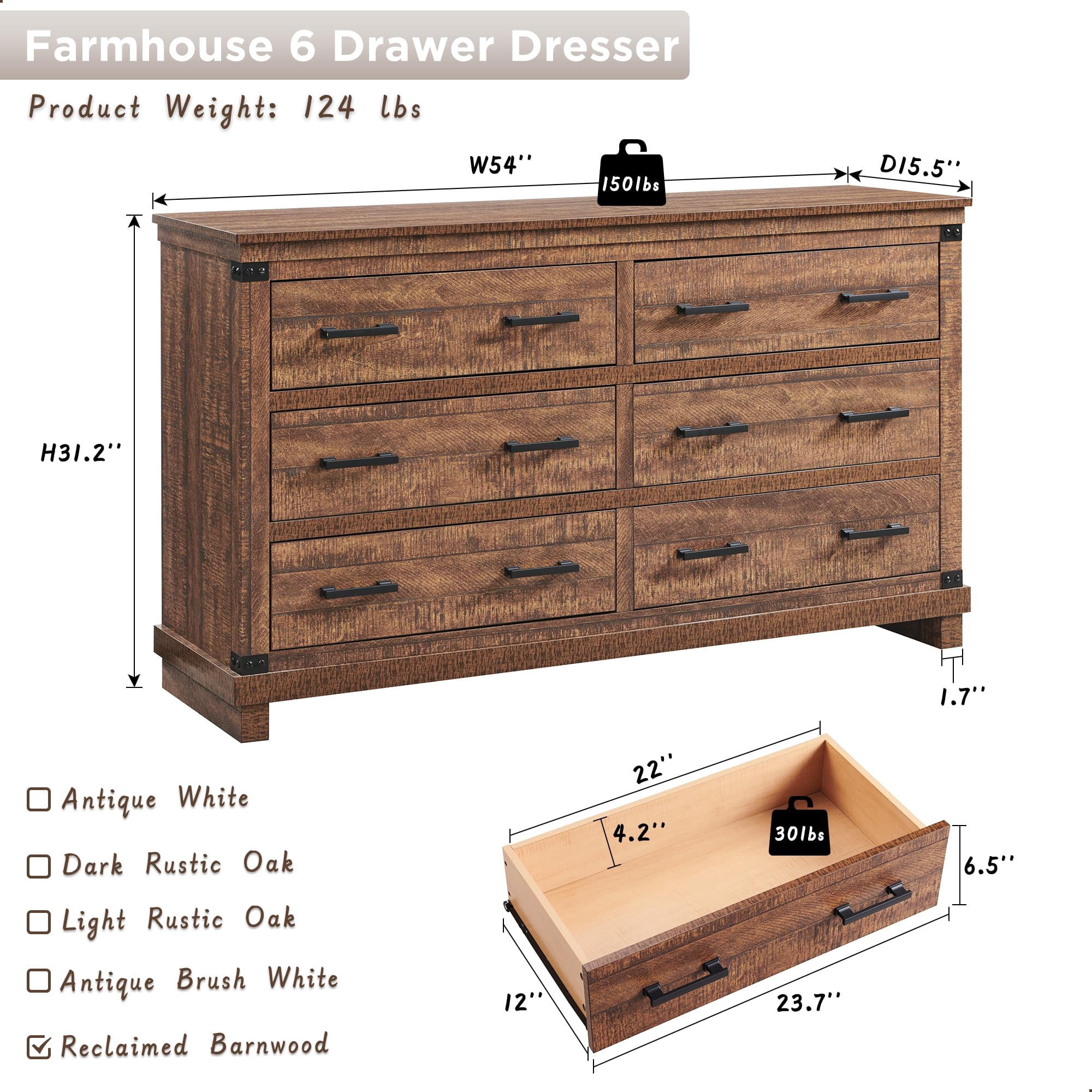 OKD Farmhouse 6 Drawers Dresser for Bedroom, Wood Large Chest of Drawers with Thick Plank Styling, Rustic Closet Dresser for Bedroom, Living Room, Reclaimed Barnwood Color