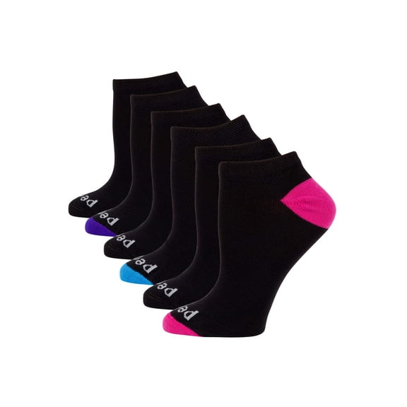 Ladies Coolmax No Show Socks with Solid and Colored Heel and Toe Value Pack, 6 Pairs