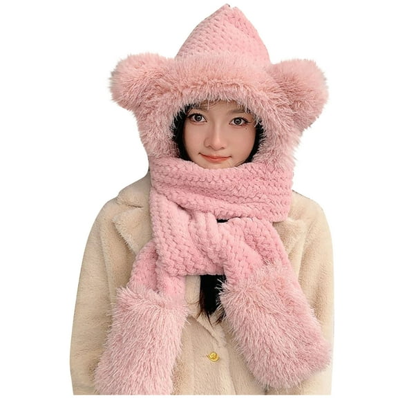 Jamicy Womens Winter Hat Windproof Scarf Bear Ear Hat Scarf Set Winter Women Novelty Caps Warm Casual Plush Hats