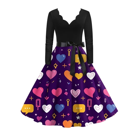 Valentine Day Dress for Women 1950S Retro Long Sleeve V-Neck Cocktail Dresses with Belt Love Heart Printing A-Line Dress 2026 Dark Purple M
