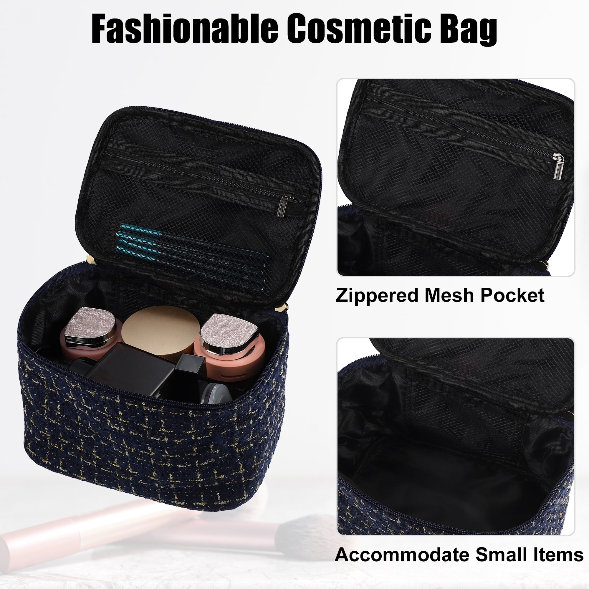 Unique Bargains Floral Makeup Bag Zipper Flower Cosmetic Pouch Navy Blue