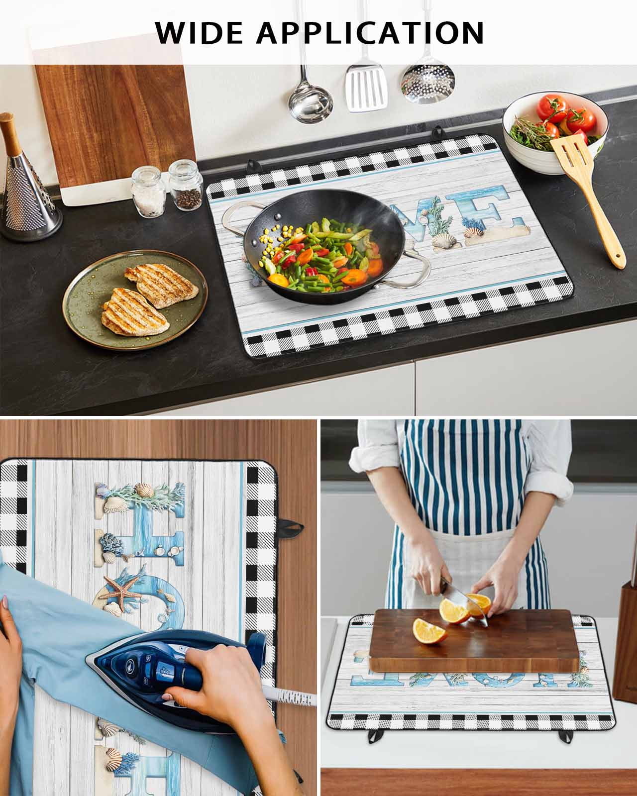 nqOlkjepod Large Induction Cooktop Protector Mat 24"x21", Coastal Beach Stove Top Covers for Electric Stove, Summer Wood Grain Black White Plaid Stove Burner Cover Mats, Glass Top Stove Cover