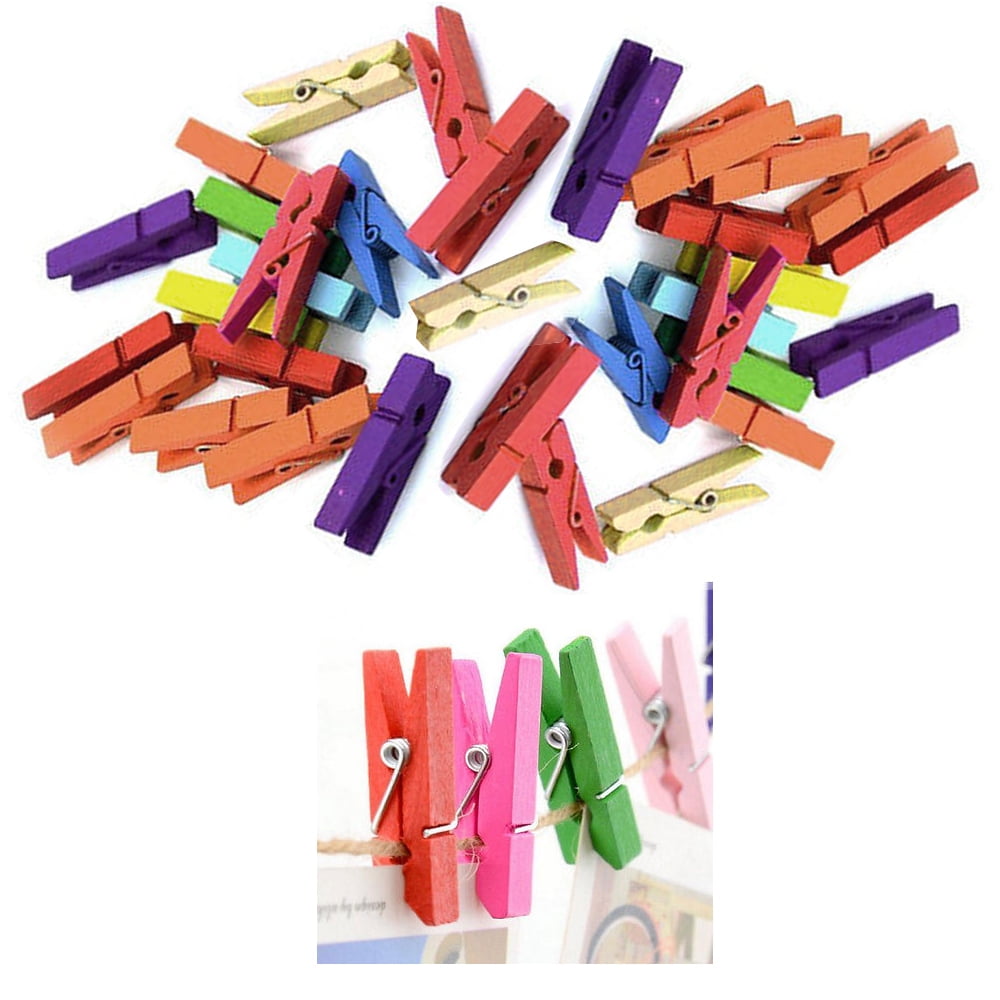 DIYASY 120 Pcs Mini Colored Wooden Clips 1 Inch Craft Clothespins Photo Paper Peg Pin 10 Colors Mixing with Jute Twine
