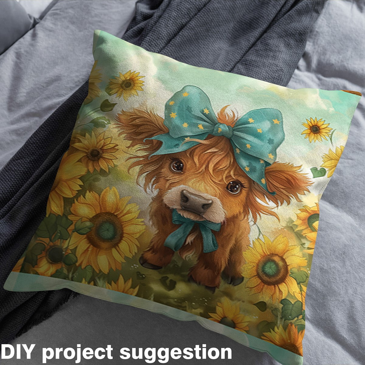 Homewish Rustic Floral Sunflower Fabric by the Yard 1 Yard,Farm Highland Cattle Home Decor Fabric by the Yard,Blue Bowtie Bow Knot Sewing Fabric For Girl Boys,Ultra Soft Home Decor