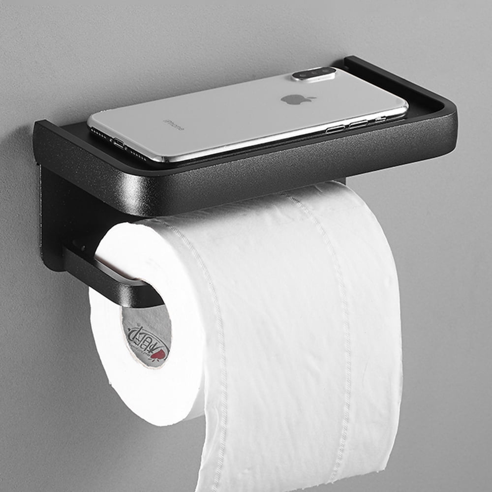 MOGFCT Self Adhesive Toilet Paper Holder with Phone Shelf Tissue Roll Holder for Bathroom (Black