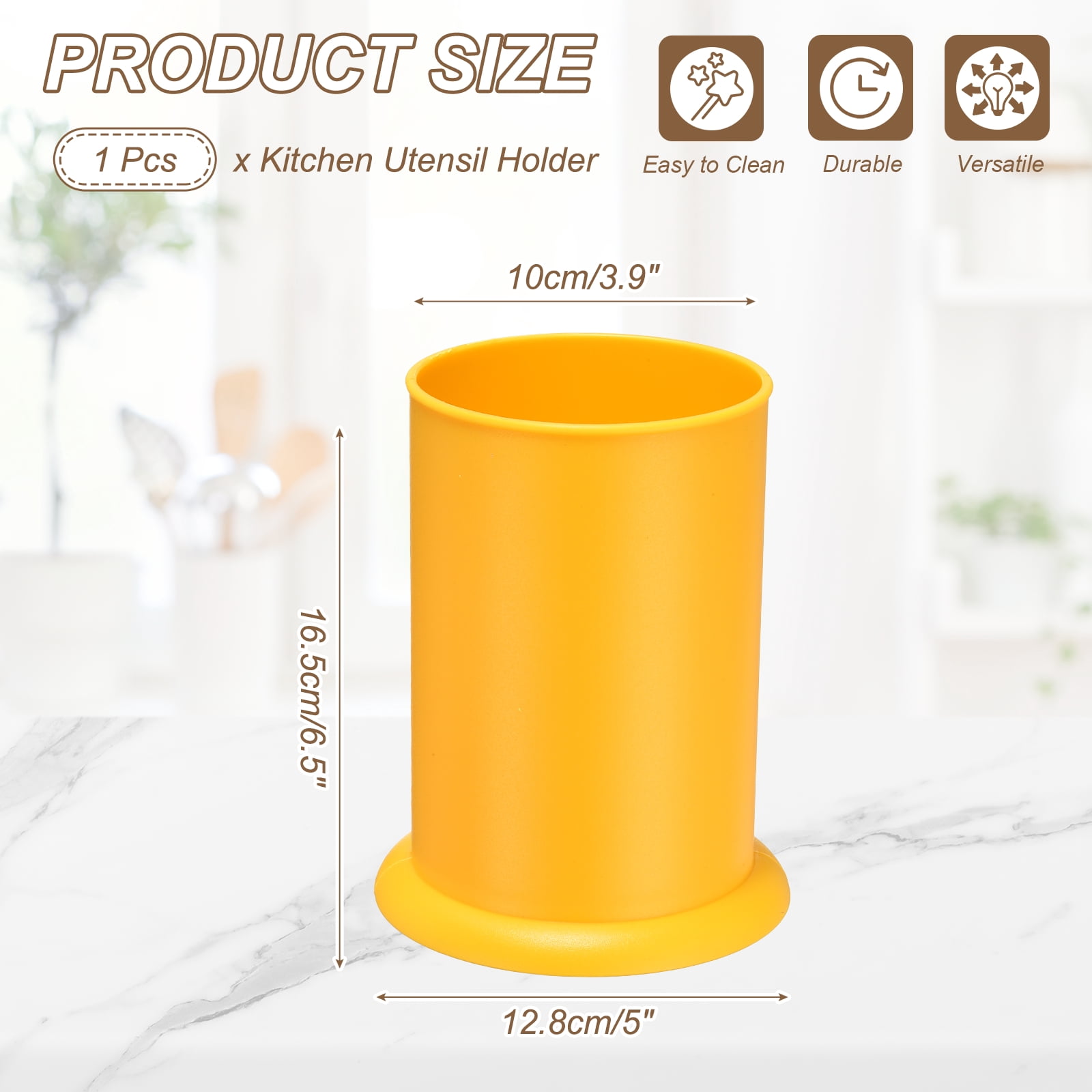 Uxcell Kitchen Utensil Holder, 5x6.5" Plastic Utensil Cutlery Holder Round Flatware Organizer with Drain Hole for Kitchen Restaurant Countertop Straw, Spoon, Chopstick, Yellow