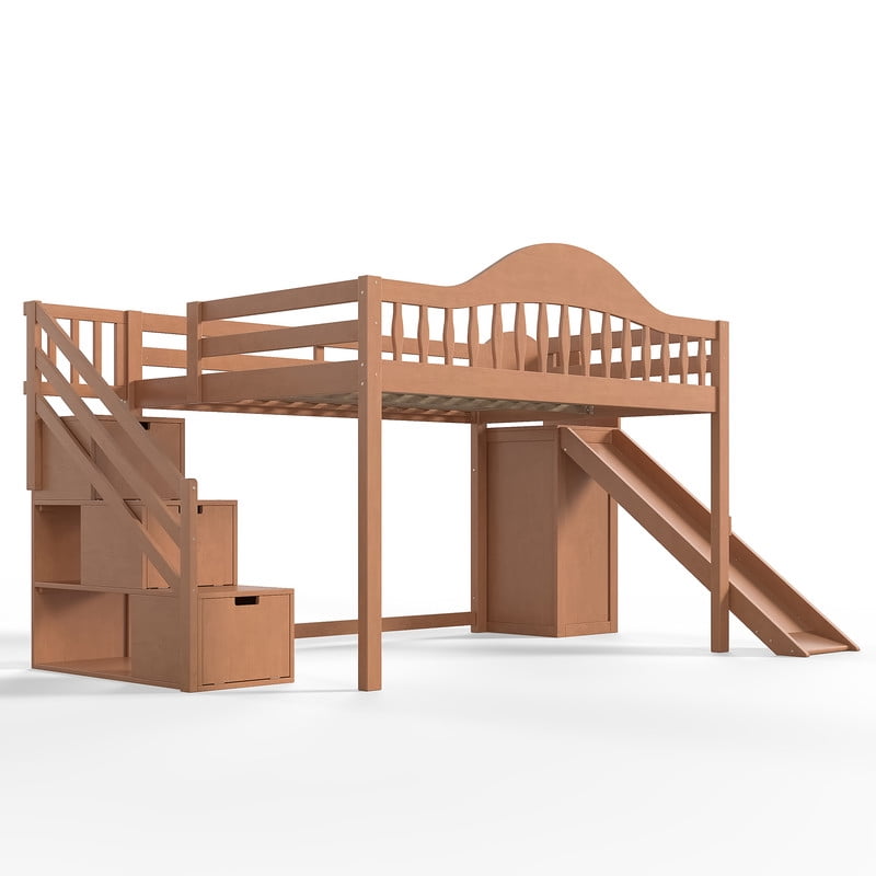 Full Size Kids/Teens Loft Bed with Storage Staircase, Slide & Wardrobe, Princess Bed Frame with Curved Guardrail