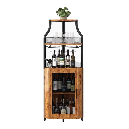 60 Corner Bar Cabinet Wine Storage Cabinet with Wine Rack & Glass Holder Liquor Cabinet with Metal Mesh Door for Kitchen Living Room