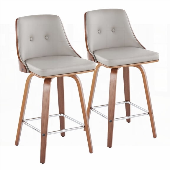 Gianna Mid-Century Modern 2-Piece Stools with Walnut Wood & Light Grey Faux Leather - Fixed Height & Swivel