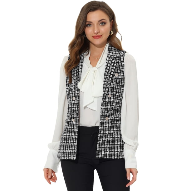 INSPIRE CHIC Chaqueta sin mangas con solapa de tweed a cuadros para mujer con bolsillos Negro XL