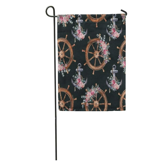 POGLIP Watercolor Nautical Floral Pattern Steering Wheel Anchor and Arrangement Garden Flag Decorative Flag House Banner 28x40 inch