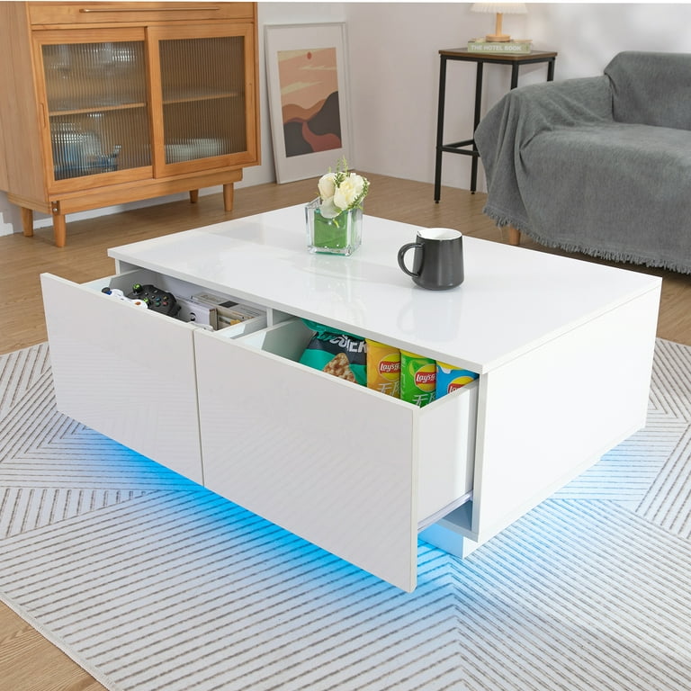 Hommpa LED Coffee Table Modern Side Tables High Gloss White Cocktail Table  with Drawer Open Shelf for Living Room