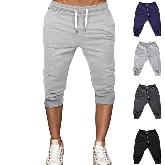 Mens 3/4 Joggers Capri Pants Slim Fit Lightweight Yoga Running Athletic Active Pants Light Gray XXXL