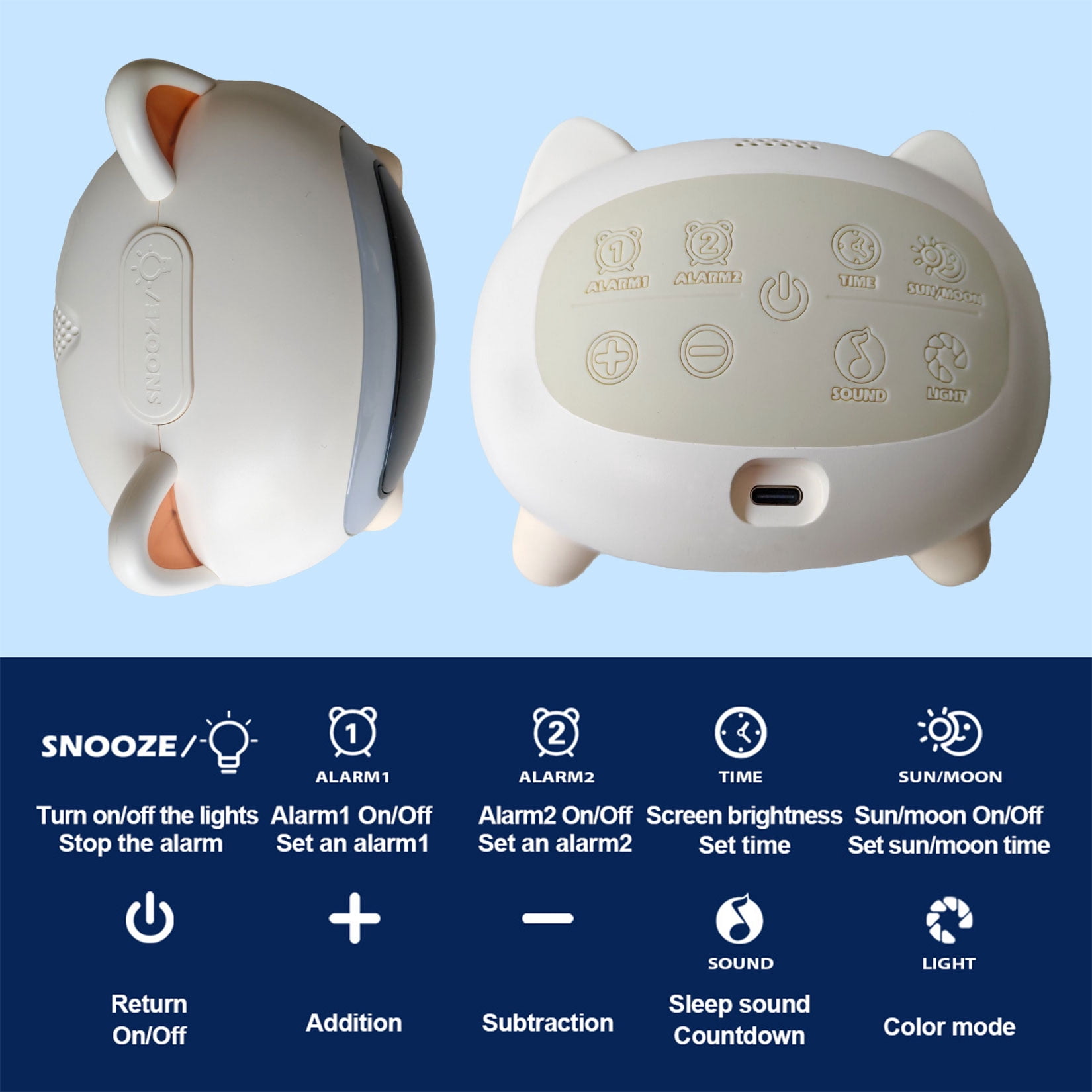Teen Bedroom Digital Alarm Clock with Night Light - Cat Shaped Alarm Clock with Seven Night Lights, Five Soothing Sounds, Auto-Off Timer, Cream White(One Pcs)