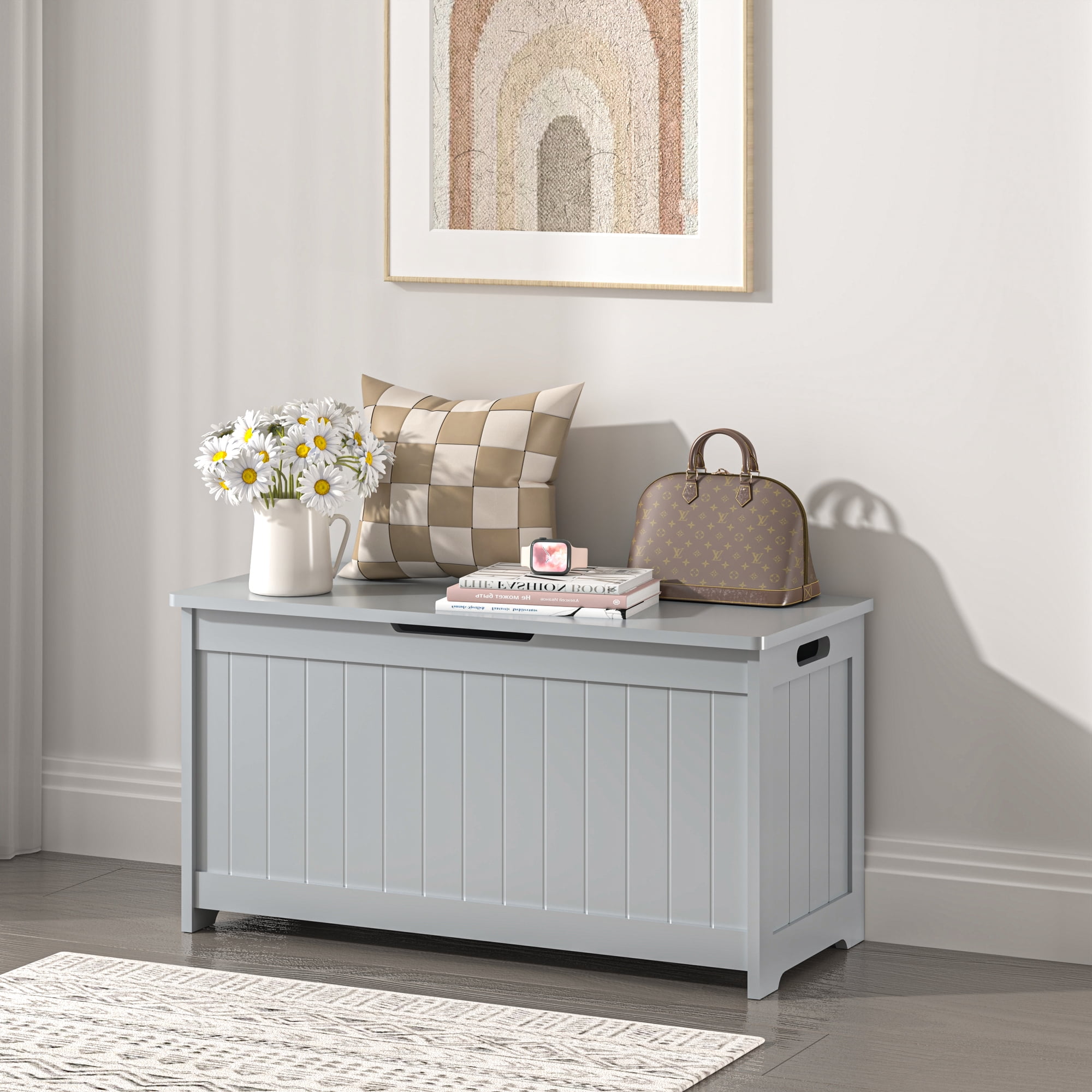 Kids Toy Box, Gray Wooden Toy Chest Organizer with Safety Hinged Lid, Entryway Storage Bench Supports 100 lbs, Toy Storage Chest for Bedroom, Toddler Room, L0293