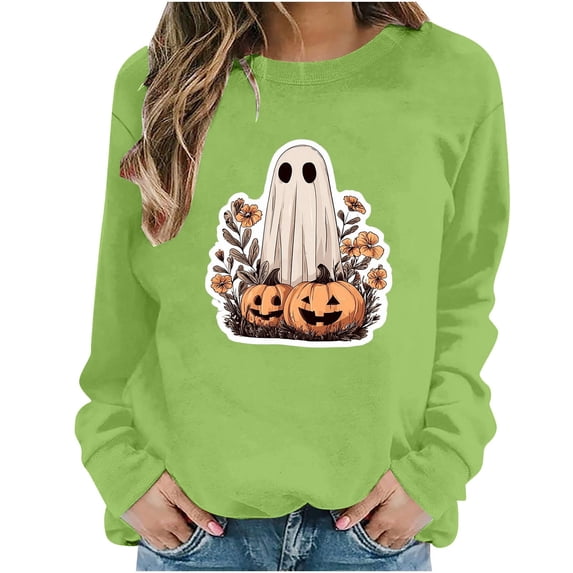 Women's Fall Pullover Sweatshirt Vintage Floral Ghost Pumpkin Graphic Tops Long Sleeve Crewneck Cozy Casual Halloween Party Shirts Slouchy Activewear