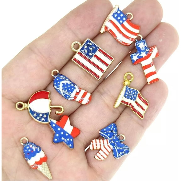 U8MO 4th of July Charms Red White Blue Gold Jewelry Findings Patriotic Enamel 6pcs