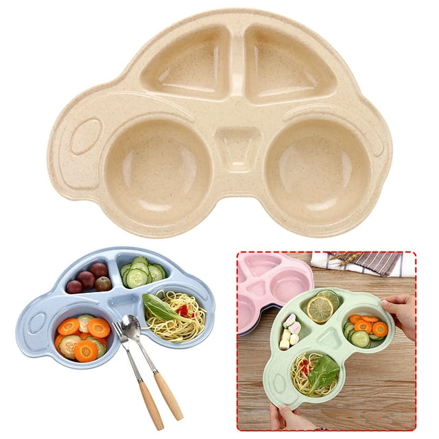 Oleegame 1PC Stainless Steel Cutlery Set Cartoon Car Shape Plate Environmentally Separated Kids Dinnerware Tableware Tray Beige