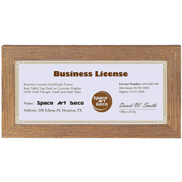 Space Art Deco, 4x9 Gold Textured Frame for 4x9 Business License/Certificates, Tempered Glass, Includes D-Shaped Hangers Hanging and Easel Stand Table Top (1-Pack)
