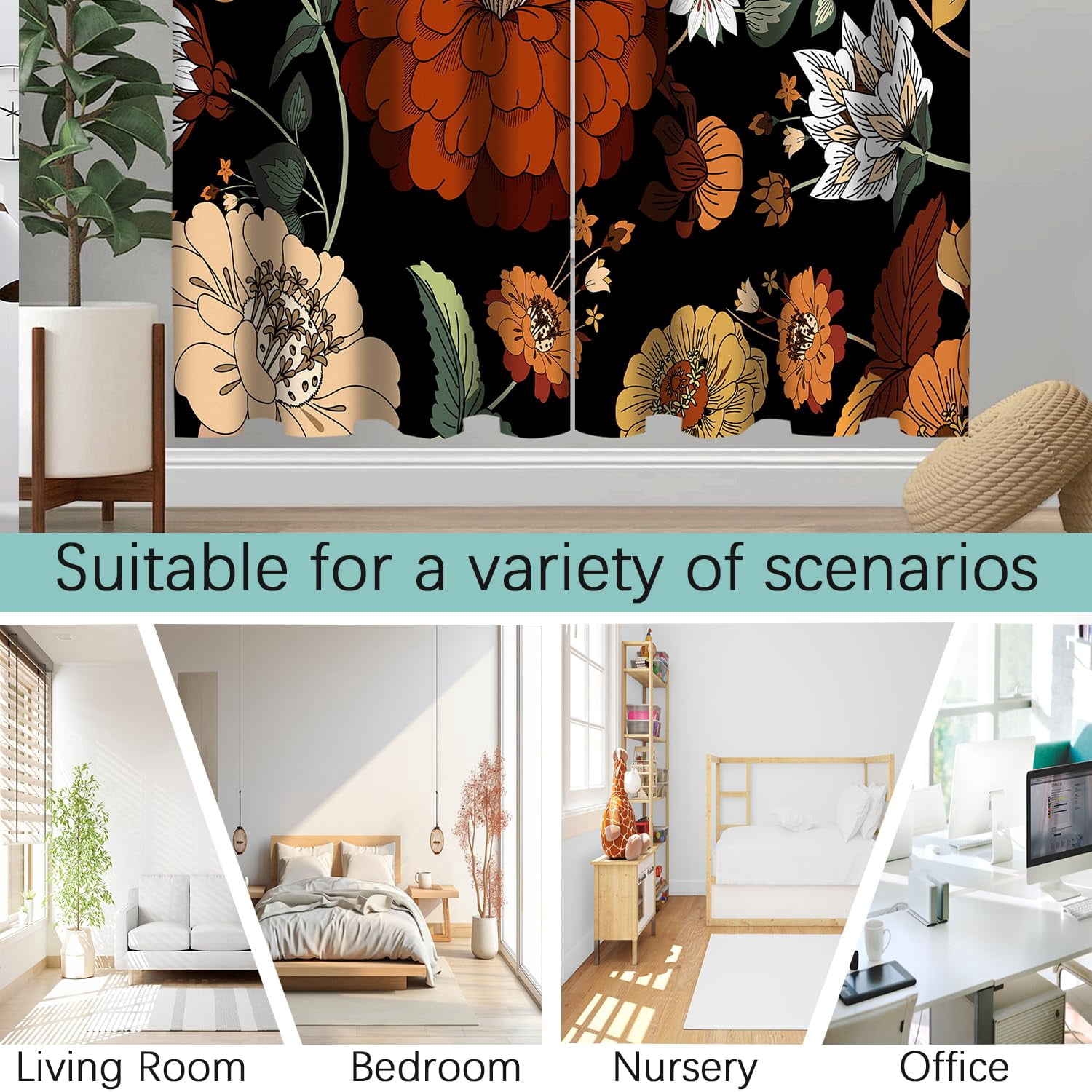 Boho Floral Blackout Curtains, Morden Mid Century Abstract Bohemian Flowers Botanical Tropical Leaves Darkening Window Drapes Grommet for Living Room Bedroom Decor 2 Panels 52"x84" Inches