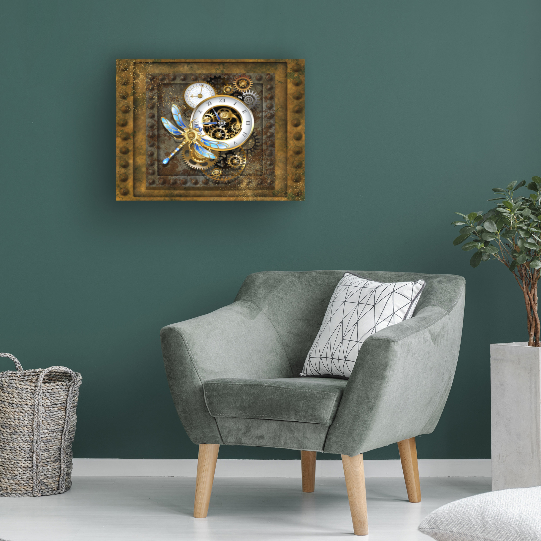 Canvas Wall Art - Tina Mitchell 'Steampunk Dragonfly Clock' Wall Art for Living Room, Bedroom, or Office Décor by Trademark Fine Art - 32 x 32 Inches