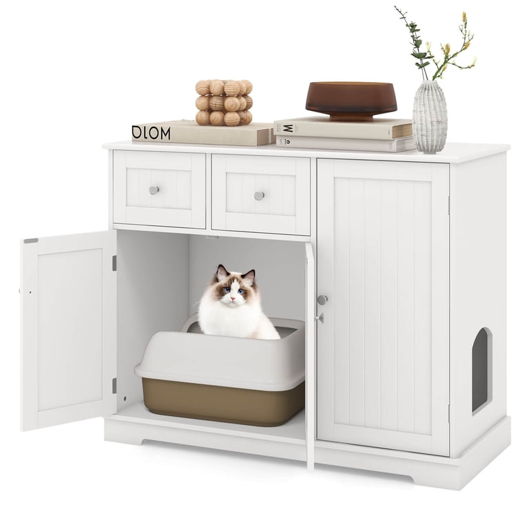 GBエクステリアキャットホワイト Costway Cat Litter Box Enclosure with 2 Drawers 3 Doors Anti
