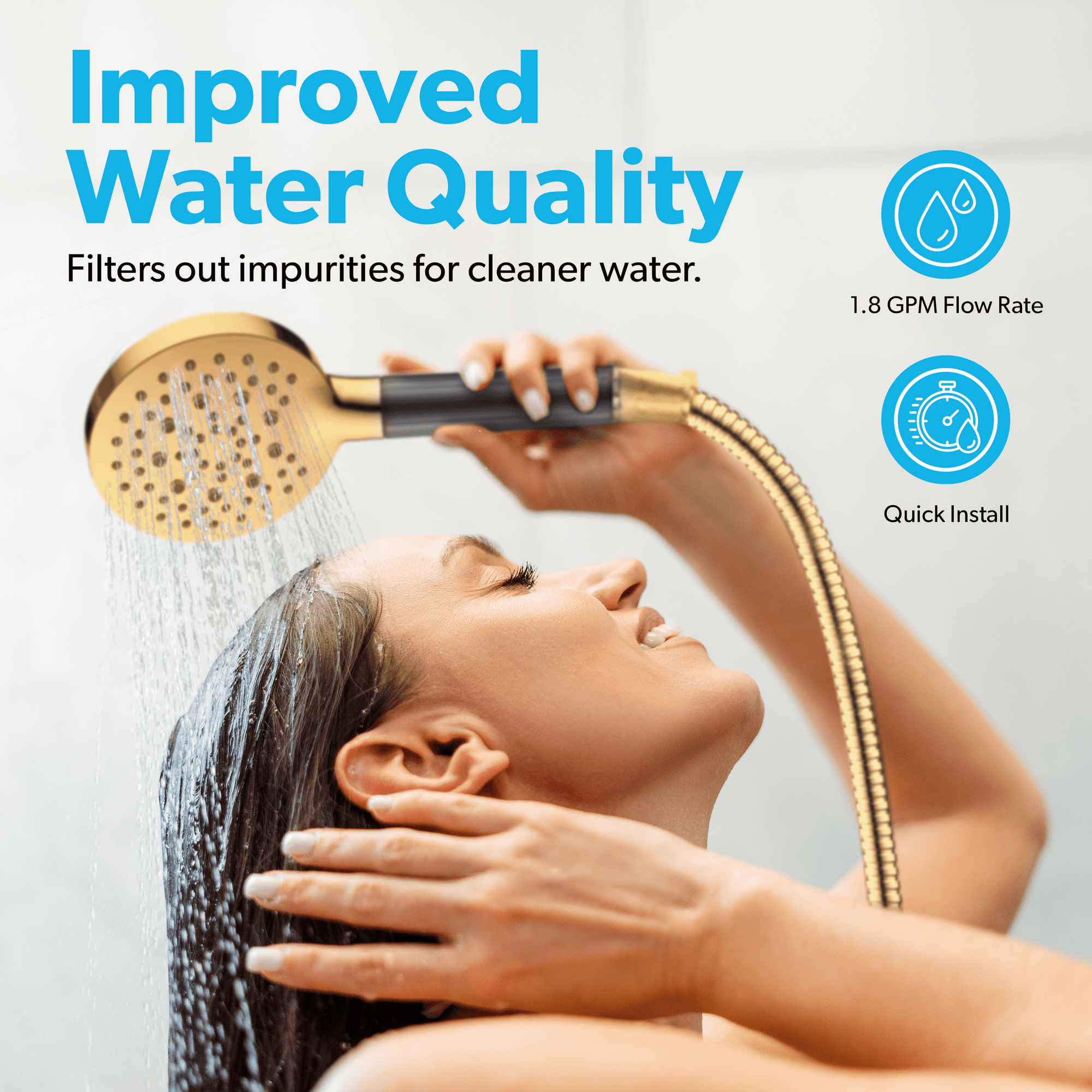 BLACK+DECKER Handheld Shower Head w/ 3 Spray Settings, Water Filter, & Stainless Steel Hose, Gold