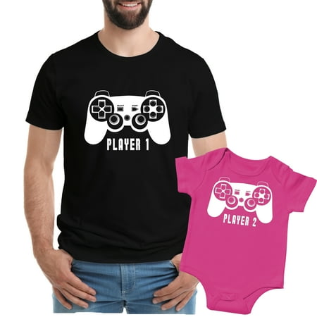 

Texas Tees Player 1 Player 2 Shirts for Dad and Baby Girl Player 1 Player 2 - Black & Pink Mens (Small) & 3-6 Month