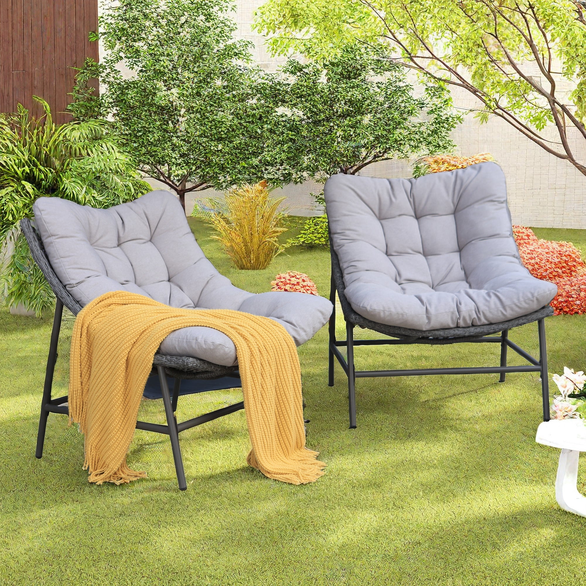 MF Studio 2 Piece Outdoor Patio Rattan Papasan Chair Set Oversized Scoop Lounge Recliner with Gray Cushion for Balcony Walmart