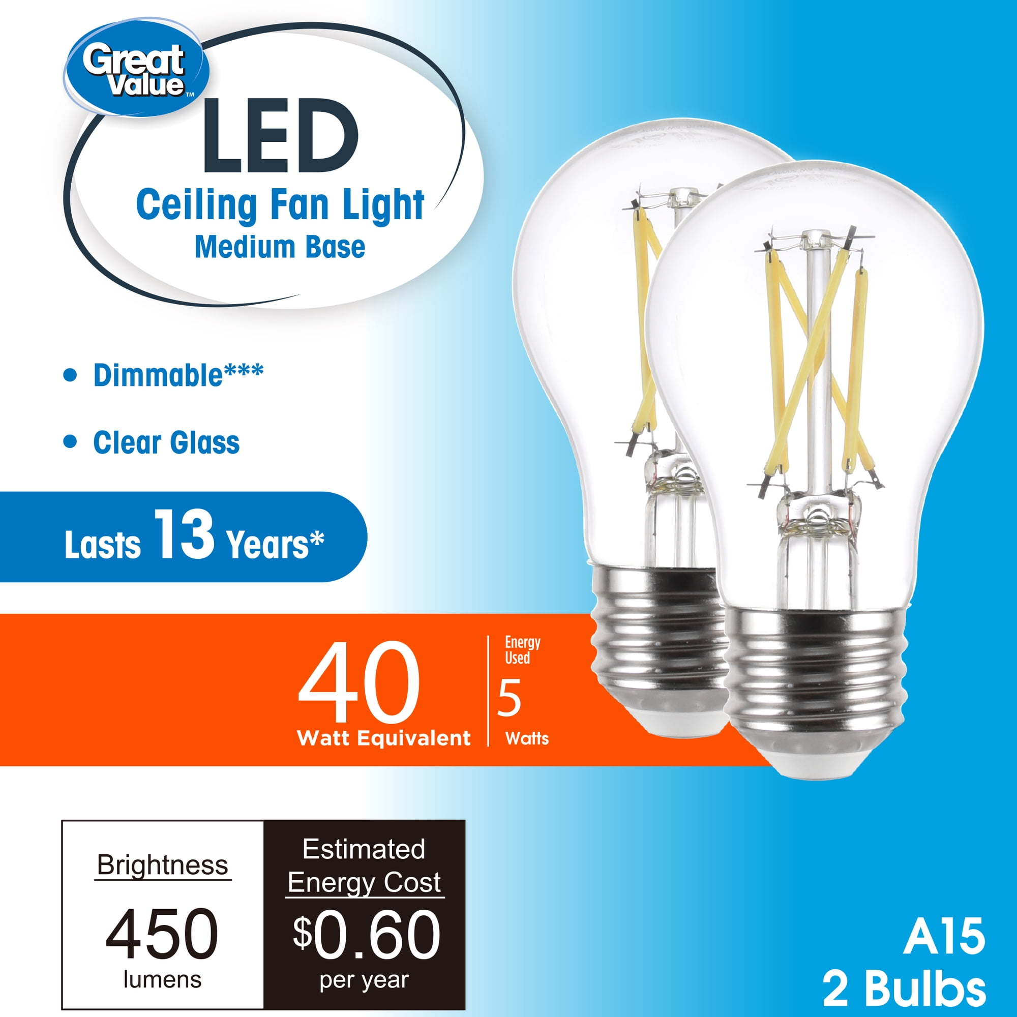 Great Value LED Ceiling Fan Bulb, 5-Watt (40W Eqv.) A15 Shape E26 Base Daylight, 2 Pack CA