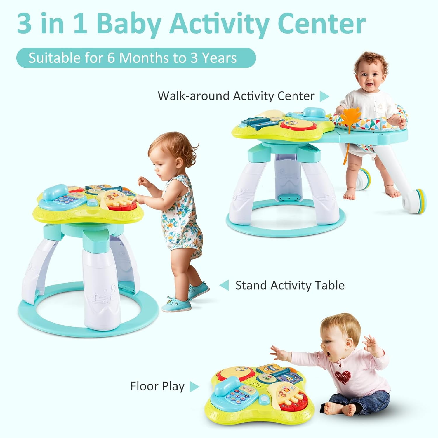 INFANS 3 in 1 Walk Around Baby Activity Center, Baby Walker with Play Table, Wheels, Detachable Seat Cushion, 3 Adjustable Heights, Learning Toys for Boys Girls Aged 6-36 Months
